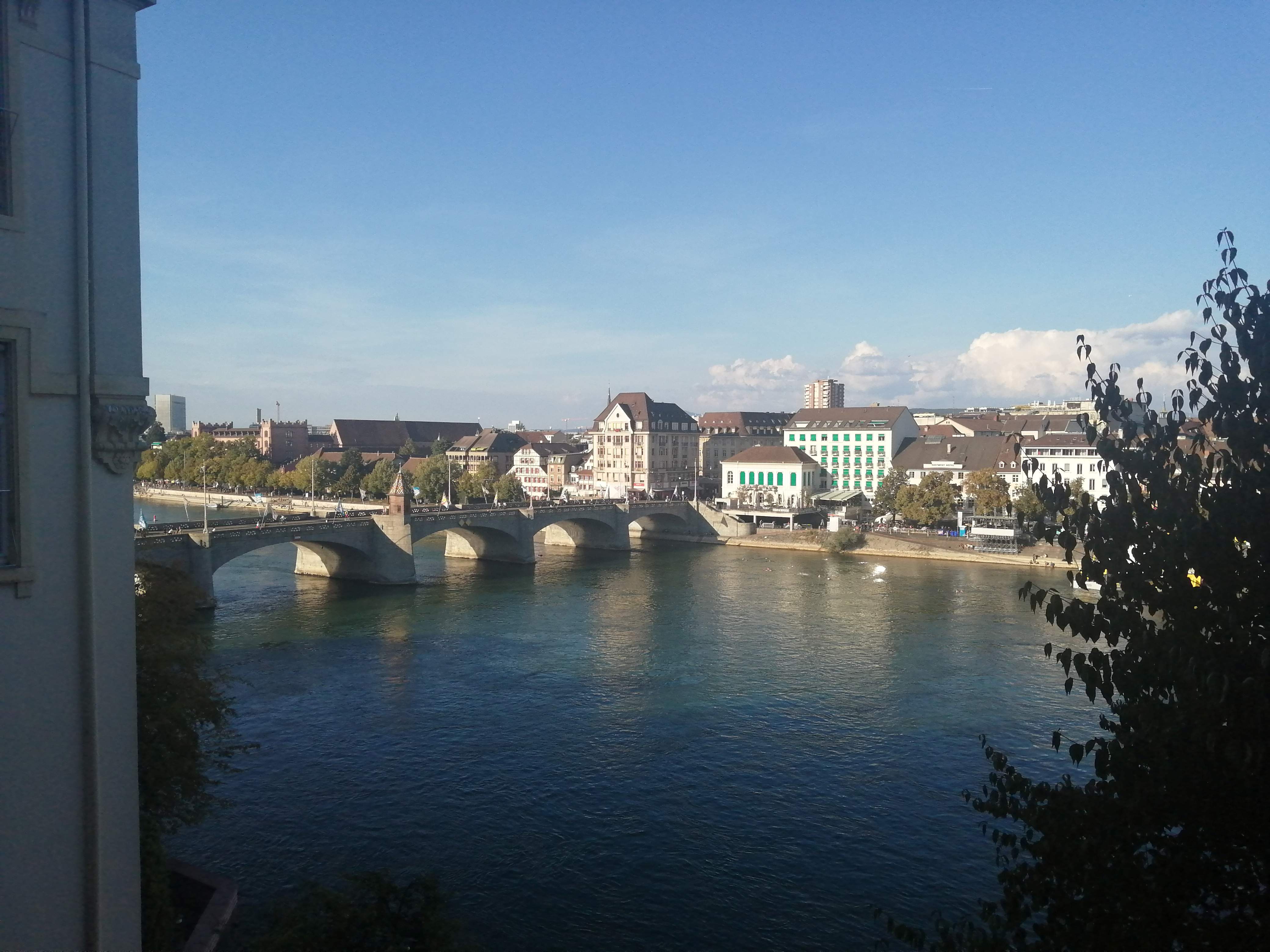 View of Rhine River and Mittlere Brücke in Basel historic center